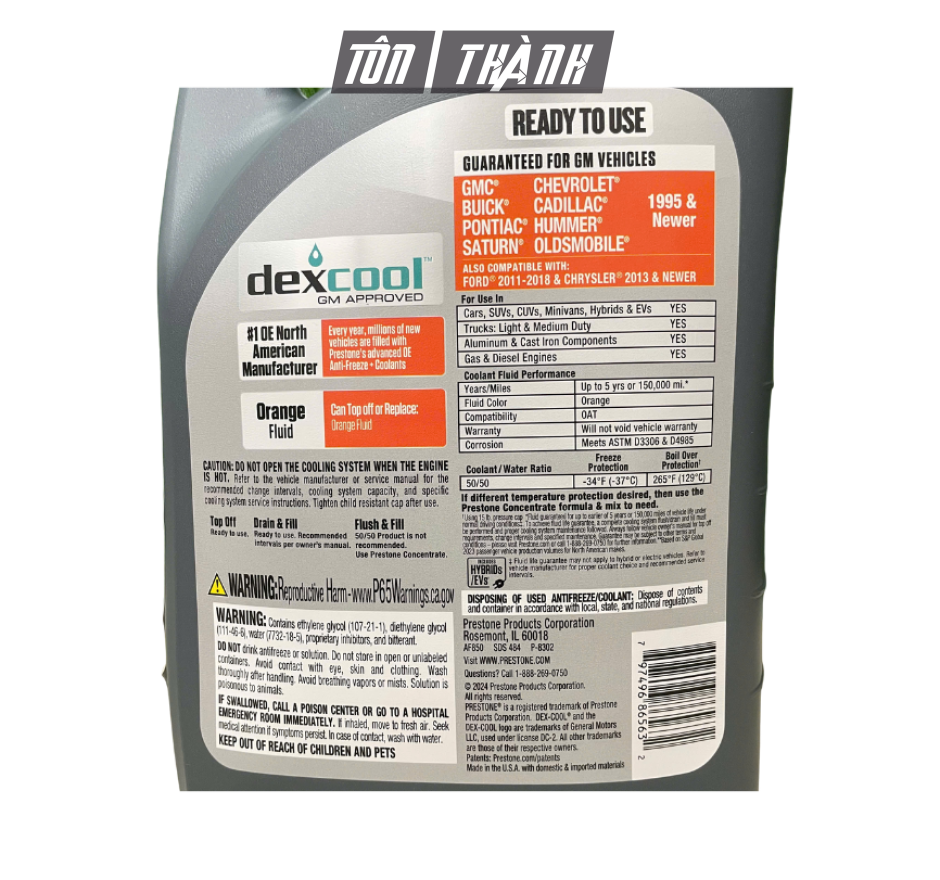 NƯỚC LÀM MÁT XE Ô TÔ MÀU CAM PRESTONE 50/50 (3.78 LÍT)