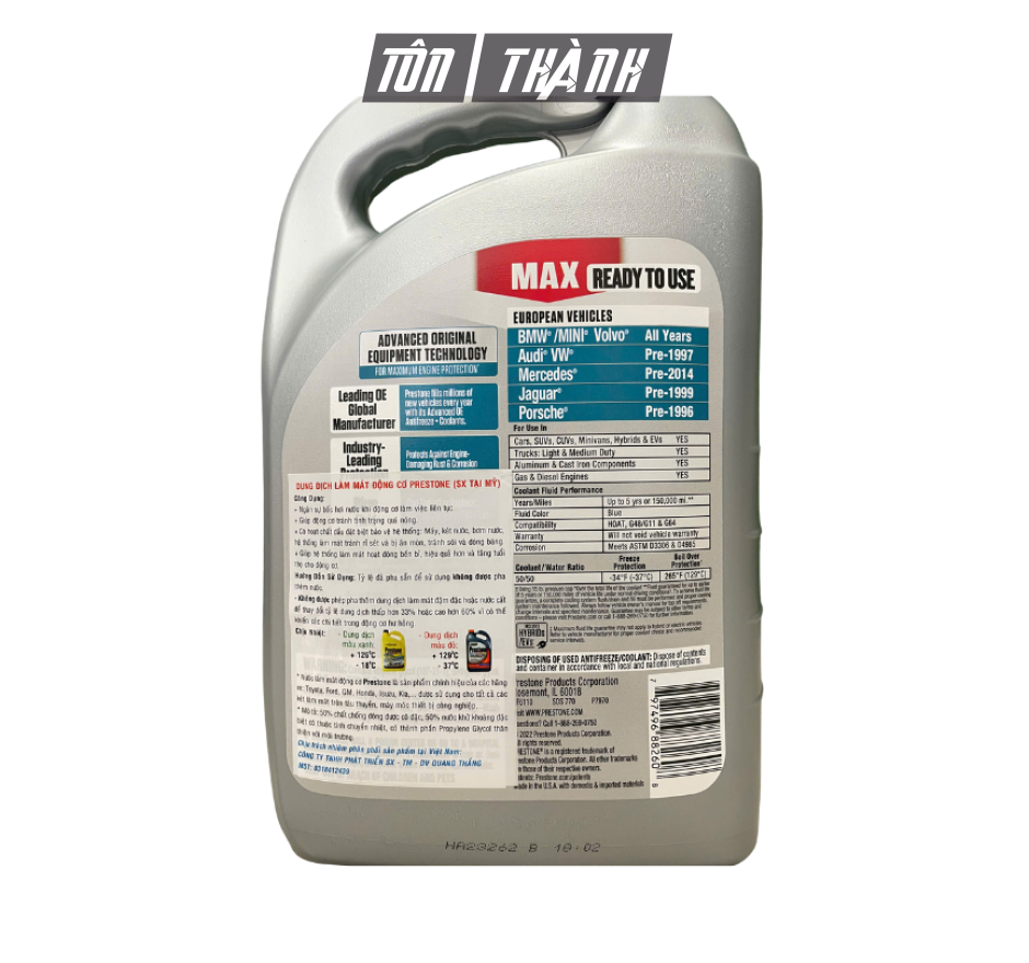 Nước Làm Mát Động Cơ Prestone MAX màu XANH LAM dành cho xe Châu Âu (3.78 lít)
