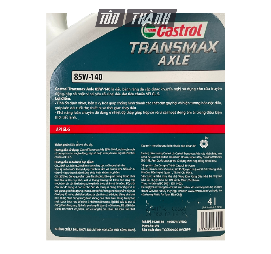 DẦU CẦU TRUYỀN ĐỘNG CASTROL TRANSMAX AXLE 85W-140 (4 LÍT)