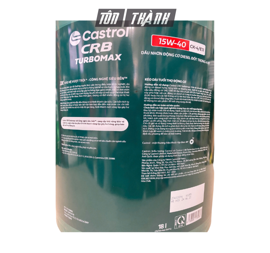 DẦU NHỚT ĐỘNG CƠ CASTROL CRB TURBOMAX 3X 15W40 CK-4 (18 LÍT)