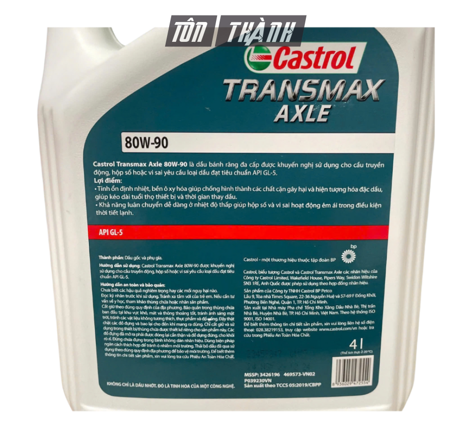 DẦU CẦU TRUYỀN ĐỘNG CASTROL TRANSMAX AXLE 80W-90 (4 LÍT)