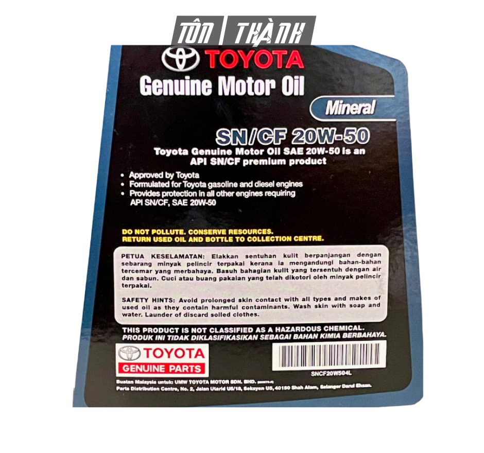 DẦU ĐỘNG CƠ TOYOTA SN/CF 20W-50 (4 LÍT) - NHẬP KHẨU MALAYSIA