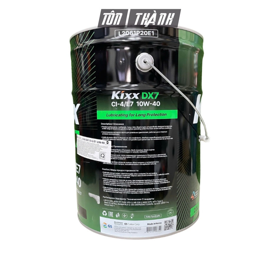 Dầu Động Cơ Diesel/Xăng KIXX DX7 10W-40 API CI-4/SL (20 Lít) - Tổng Hợp Toàn Phần