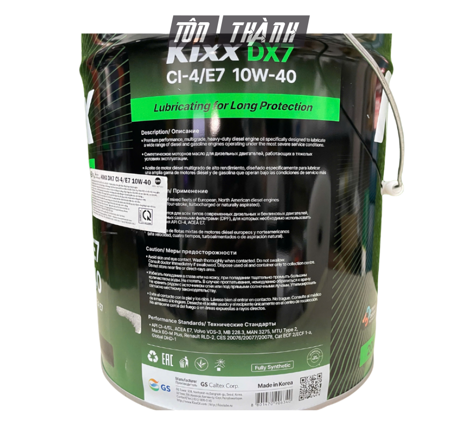 Dầu Động Cơ Diesel/Xăng KIXX DX7 10W-40 API CI-4/SL (20 Lít) - Tổng Hợp Toàn Phần