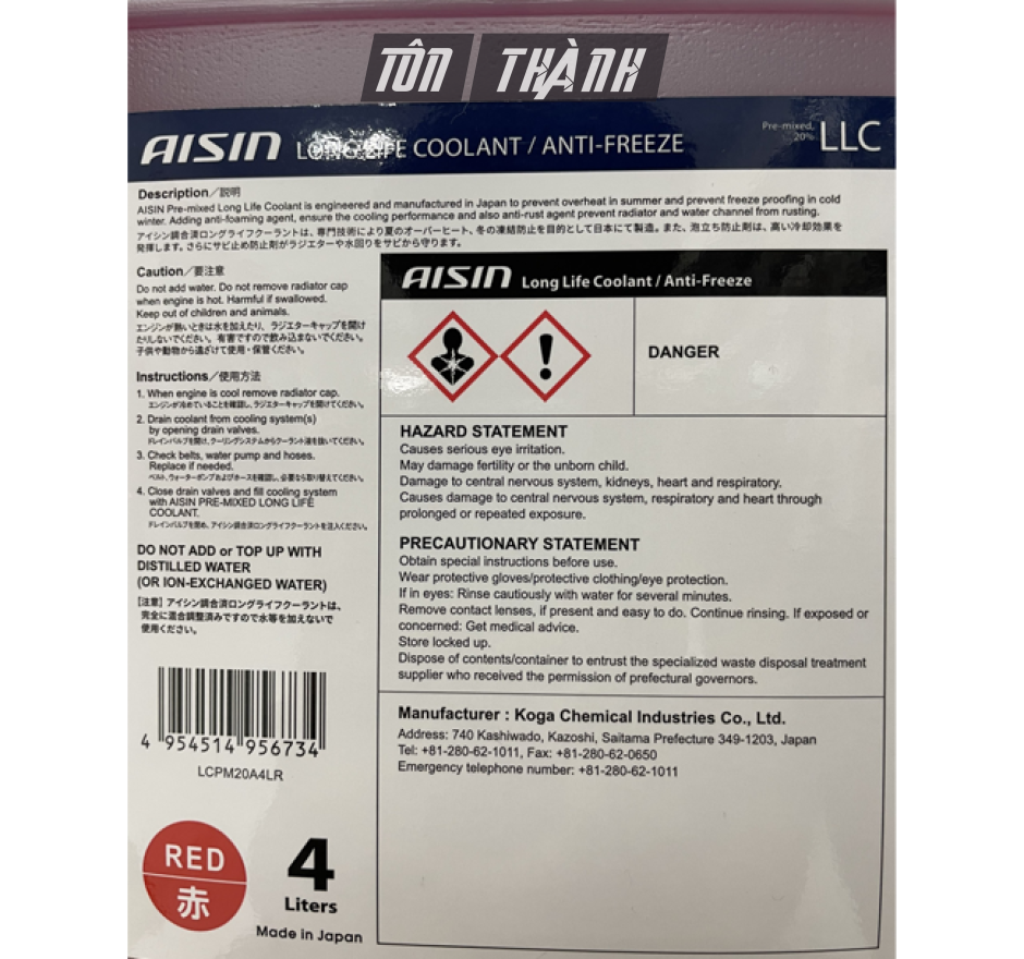 NƯỚC LÀM MÁT ĐỘNG CƠ MÀU ĐỎ AISIN (4 LÍT)