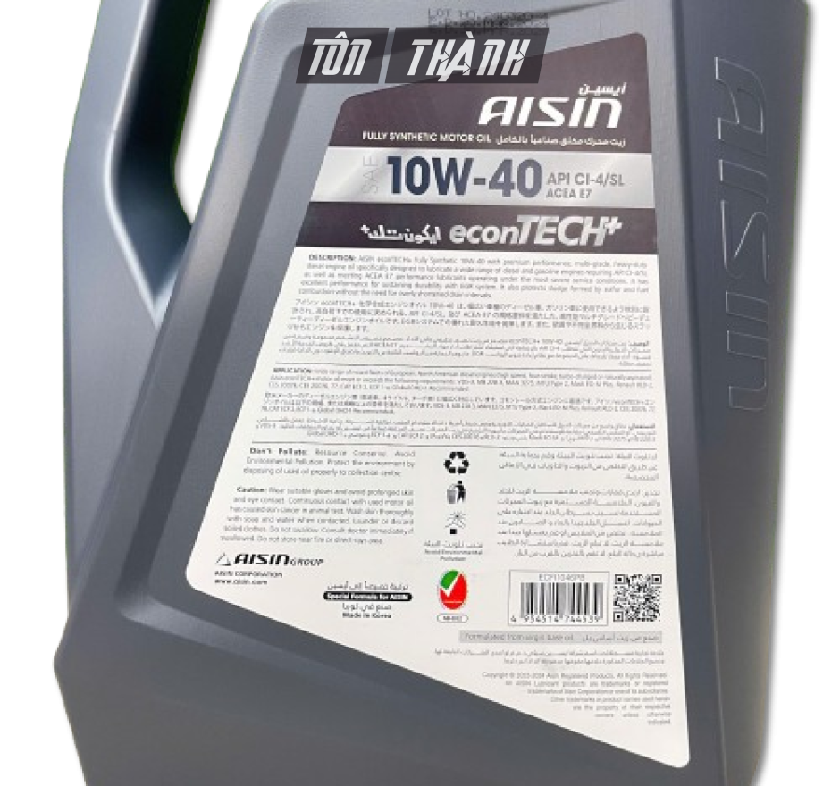 Dầu động cơ AISIN econTECH+ 10W-40 CI-4/SL - Dành cho xe Diesel/Xăng (6 Lít)