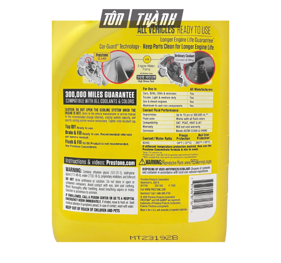 Nước Làm Mát Động Cơ Prestone ALL VEHICLES 50/50 màu VÀNG đa dụng phù hợp với Mọi Dòng Xe (3.78 Lít)