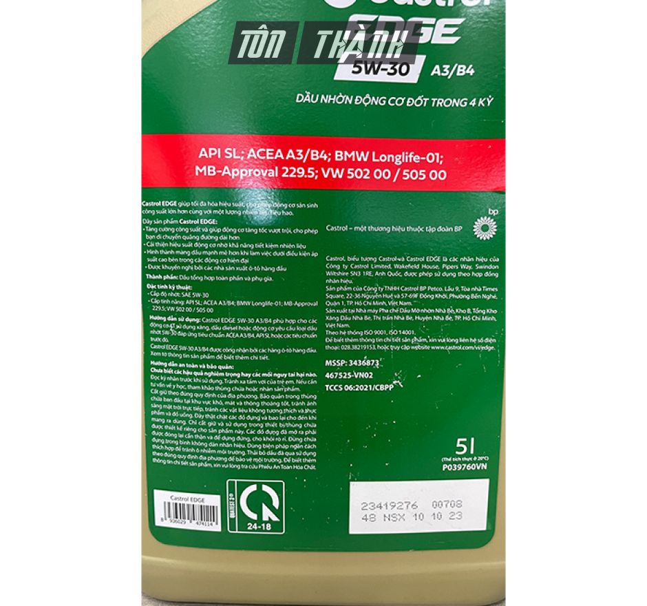 DẦU ĐỘNG CƠ CAO CẤP CASTROL EDGE 5W-30 A3/B4 (5 LÍT)